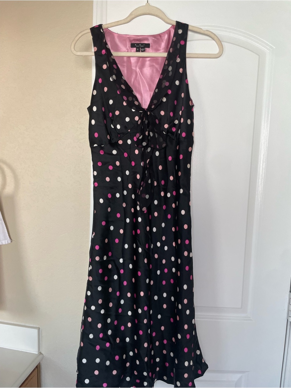 E.C.I Y2K 100% silk Black Polka Dot Sleeveless cocktail Dress with Pink Lining
